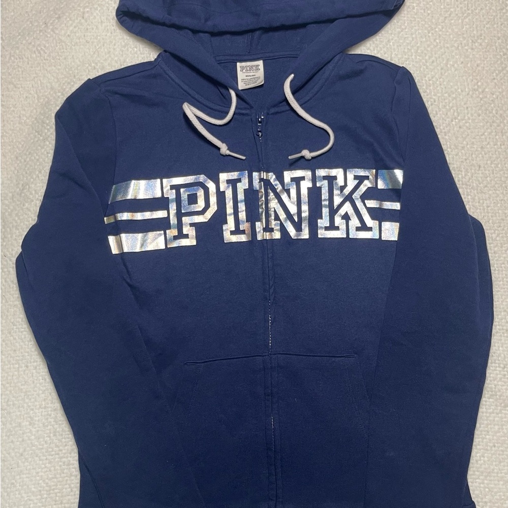 Y2K PINK Victoria's Secret Women’s Blue Full Zip up Casual Vintage HoodedSweater